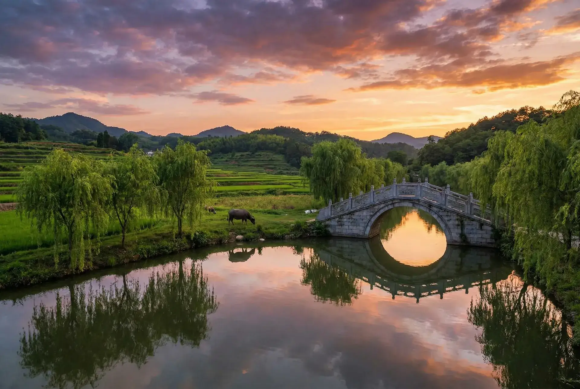 夕阳下的石拱桥与垂柳，水牛在河边吃草 - 肥熟女 乡村美景
